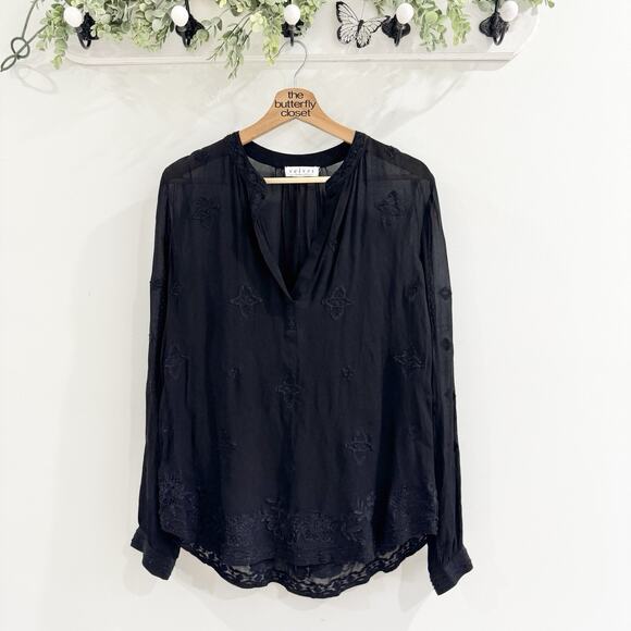 Velvet by Graham & Spencer Tops - velvet by graham spencer Black Embroidered Blouse Boho Chiffon Semi Sheer UU800